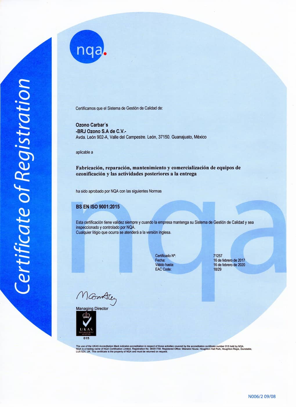 Certificado Iso 9001 Ozono Carbars Espanol