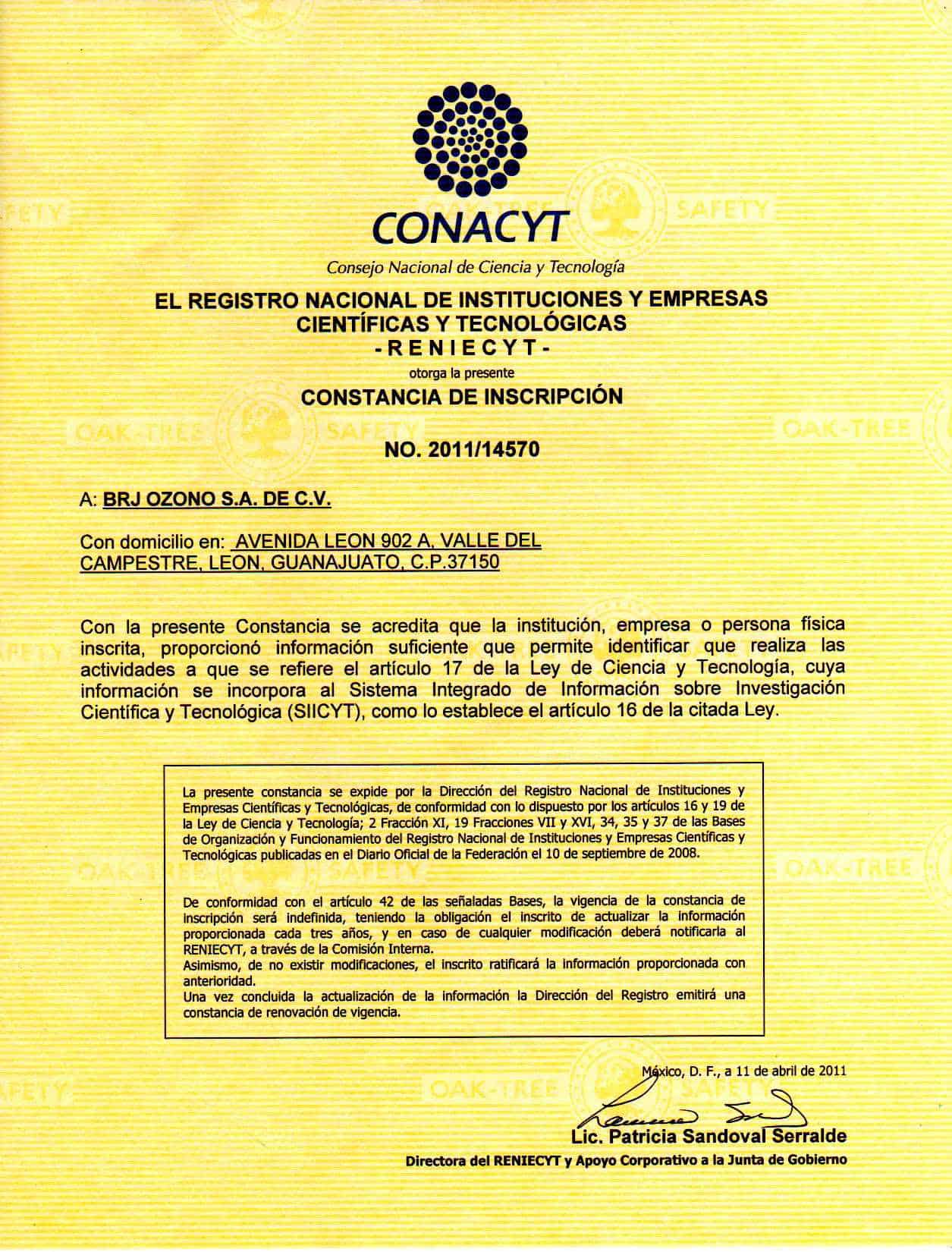 Certificado Reniecyt Brj Ozono 2011